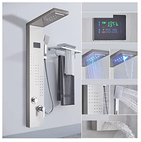 Système de douche LED, Panneau De Douche En Acier Inoxydable Système De Tour Panneau De Douche Led 5 Fonctions Robinet De Douche De Salle De Bains Montage Mural Colonne De Douche Froide Et Chaude Noir
