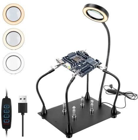 Helping Hands Soldering Station, Welding Third Hand Tool with 6X Magnifying Glass & 3 Color LED Light, Sturdy Base and 4 Adjustable Magnetic Solder Holder, for Soldering, Repair Circuit Board, Crafts
