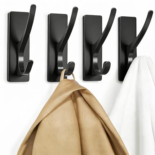 Selbstklebende Kleiderhaken zum Aufhängen: Robuster Edelstahl-Doppelwandhaken für Handtuch, Rucksack, Hut, stabiler Metallbügel für Badezimmer, Schlafzimmer, Tür, Wandmontage, 4 Stück, mattschwarz,