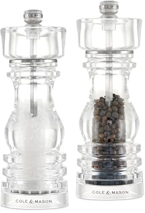 Cole & Mason London Salz und Pfeffermühle Acryl 18 cm, Keramikmahlwerk | Pfeffer und Salzmühle Klein, Precision+ Einstellbarem Malwerk, Gewürzmühle gefüllt, Transparent Acryl/Edelstahl, Geschenkset