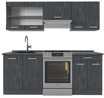 Vicco Küchenzeile R-Line, Schwarz Beton/Anthrazit, 200 cm ohne Arbeitsplatte