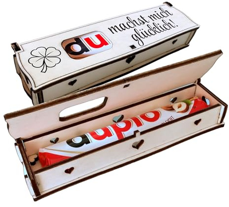 Du machst mich glücklich! | Lasergravur auf Holz Geschenkbox mit Duplo Schokoriegel | Neues Design | Mitbringsel | Holzbox mit Spruch | Geschenkidee | Handarbeit