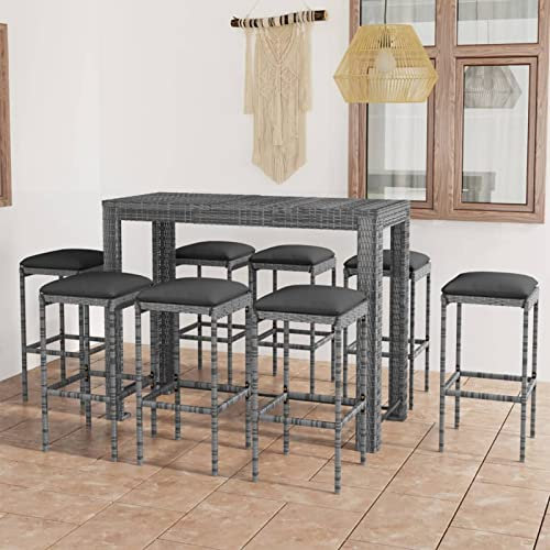 LAPOOH 9-TLG. Gartenbar-Set mit Kissen, Bistro-Set, Gartenset Tisch Und Stühle, Balkontisch, Balkon Möbel Für Kleinen Balkon, Terrassenmöbel, Bistrotisch, Gartentisch, Poly Rattan Grau