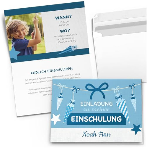 10 Einladungskarten Einschulung mit Foto & Text personalisiert Jungen | mit Umschlägen Schuleinführung Schulkind Schulanfang Motiv Blau Schultüte Jungs Einladung