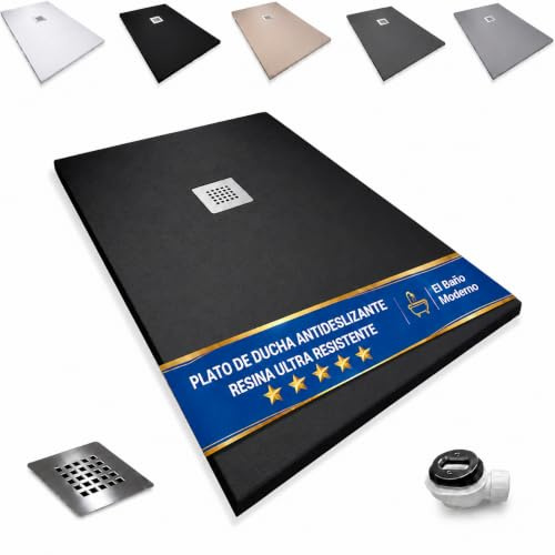 EL BAÑO MODERNO Plato Ducha 70x90CM Antideslizante Antibacteriano | Resina Resistente a Agentes Químicos · Incluye Rejilla Desagüe Ducha · Válvula Sifón · Color Negro