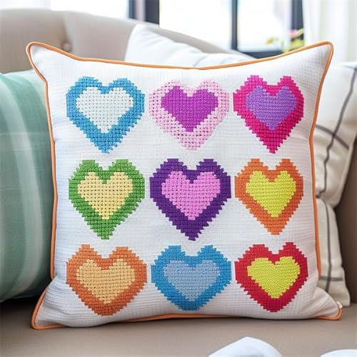 kitphoenix Stickset,Kissenbezug,DIY Kreuzstichkissen,Stickset Anfänger Herzförmiges Muster Bastelsets für Erwachsene,Stickkissen,Anfänger,Handstickerei-DIY 45 x 45 cm
