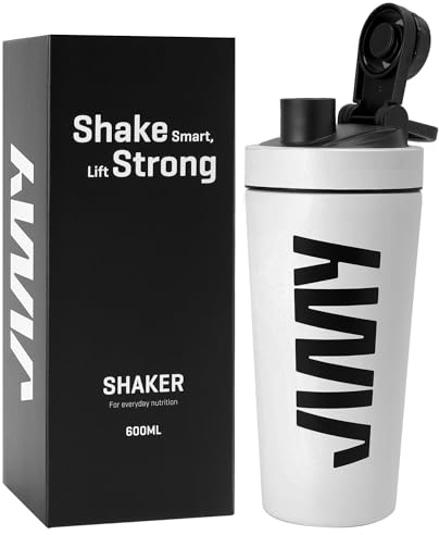 JIMY FITNESS Metal Protein Shaker 600ml – Insulated Stainless Steel Gym Bottle – Leak-Proof Flip Lid, BPA-Free, Sweat-Proof Durable Sports Shaker – White