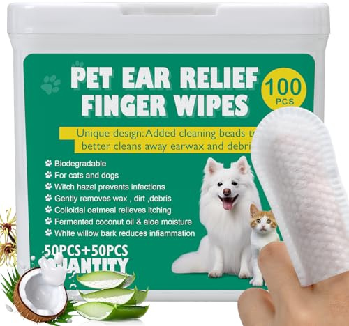 100 XL Dog Ear Cleaning Finger Wipes - Larger & thicker 1.77 Natural Coconut Oil & Aloe Dog Ear Wipes | Gently Removes Wax, Odor, Dirt For Dogs & Cats | Hypoalergenic Biodegradable Dog Ear Cleaner