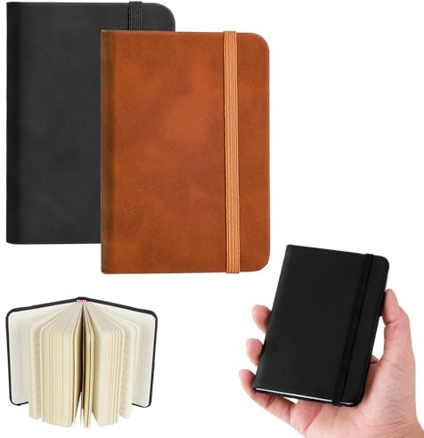 NLONLL 2 Stück Kleines Notizbuch A7 Notizblock Mini Notizbuch Klein 8 x 11 cm Pocket notizbuch mit Liniert 100 Seiten Taschennotizbuch Leder mit Gummizugverschluss für Reisen Schule (Schwarz,Braun)