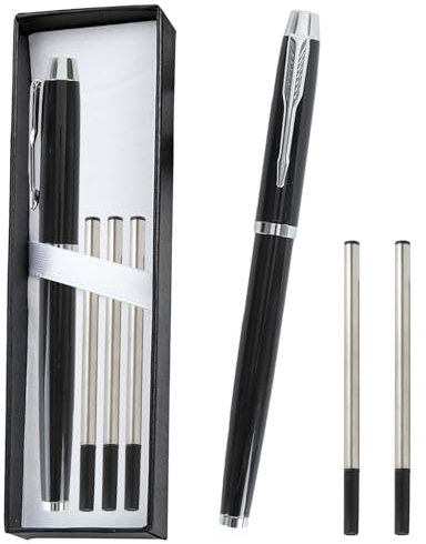 Tintenroller Personalisiert Kugelschreiber mit Gravur Tintenroller Hochwertig & 3 Stück Ersatzminen & Geschenkbox Set Rollerball Pen Dicke Mine Personalisierte Geschenke (222-Silber)