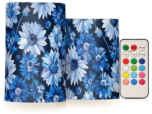 miaozhen Candele senza fiamma blu a forma di margherita disegnate a mano con candele elettriche a distanza, luci elettroniche, telecomando elettrico per finestra, funzionamento a batteria, set da 2