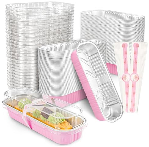 BTSD-home 100 Pack Mini Loaf Cake Cases with Lids and Spoons,Rectangular Aluminum Foil Bread Pan,Mini Loaf Pans and Mini CakeTins with Lids 200ML(Pink,6.8oz)