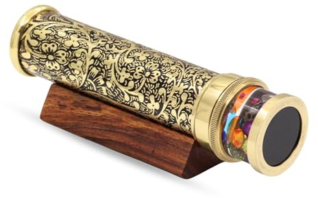 YVCrafts Caleidoscopio a olio fatto a mano in ottone floreale da giardino - Barile vintage acidato, cella riempita di olio, sistema a 3 specchi, base in legno - Regalo unico, da collezione