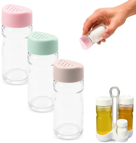 CHEFZOCO Salero para Convoys, Set De Pimenteros, Set De Saleros, Apto para Vinagreras Y Aceiteras De Mesa con soporte, Fabricada en plástico y vidrio, Libre de BPA, Pack 3 unidades multicolor