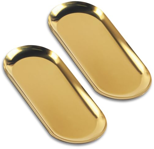 2 Pcs Gold Trays Decorative Trays, Trinket Tray, Gold Trinket Serving Tray | Small Stainless Steel Oval Ornaments Plates for Jewellery Coffee Table Candle Key Cosmetics Dish Plate Bedroom Bathroom