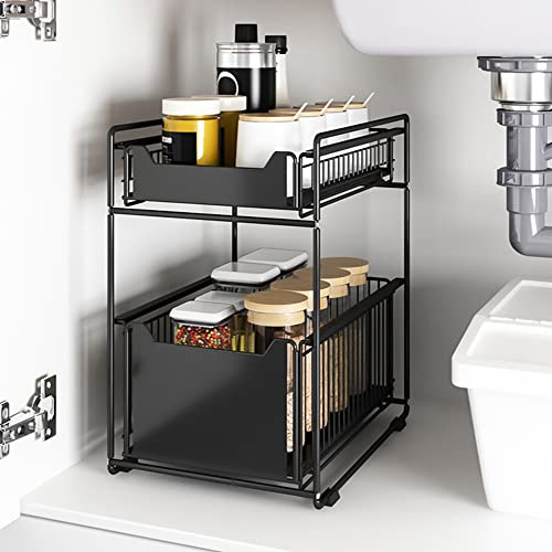 OHMG Rangement sous Evier 2 Niveaux Organisateur de Cuisine en Métal étagère à épices Organiseur Coulissant,Rangement epices,Organisateur sous evier Cuisine,Salle de Bain,Bureau