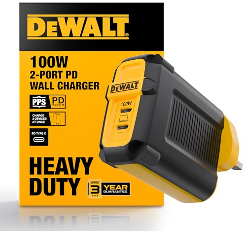 DEWALT Heavy Duty 100W USB C Charger Block(GaN), 2 Port 100 Watt Fast Compact UK Wall Charger for MacBook Pro, MacBook Air, Google Pixelbook, ThinkPad, Dell XPS, iPad Pro, Galaxy S22/S20, iPhone 16/15
