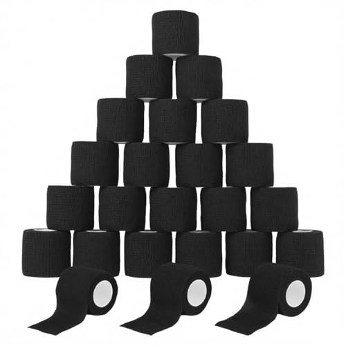 MUNTE 24 Pièces Bandage Autoadhésif 5 cm x 4,5 m, Bande Cohesive Noir, Bande Strapping Adhésif en Tissus Non Tissés, Auto-adhésif Strapping Cheville, Convient aux Poignets, Chevilles, Genoux
