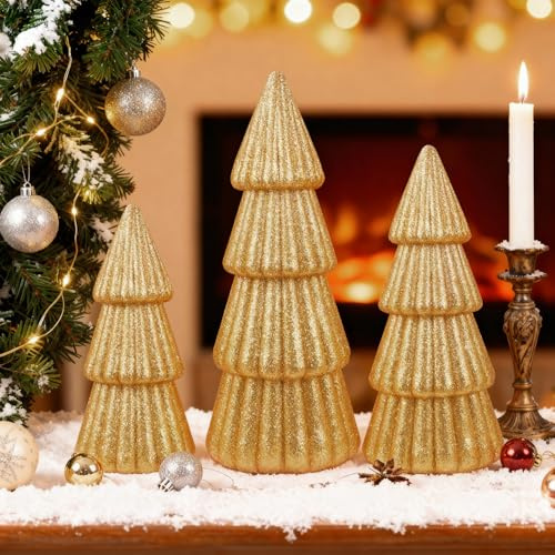 Miaikoe Set von 3 Weihnachtsbaum Dekorationen Indoor, glitzernde Moderne Weihnachtsbaum Dekor Tischplatte Eingang Tisch Mantel Mittelstück für Feiertagsparty (Gold)