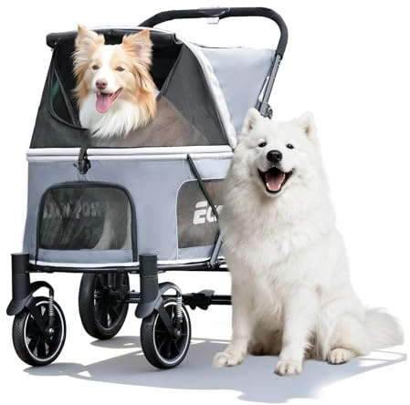 EchoSmile Hundewagen für Große Hunde bis 70kg, Faltbar Hundebuggy mit Netzfenstern, Verstellbarem Griff & 4 Geländegängige Räder, Grau + Weiß