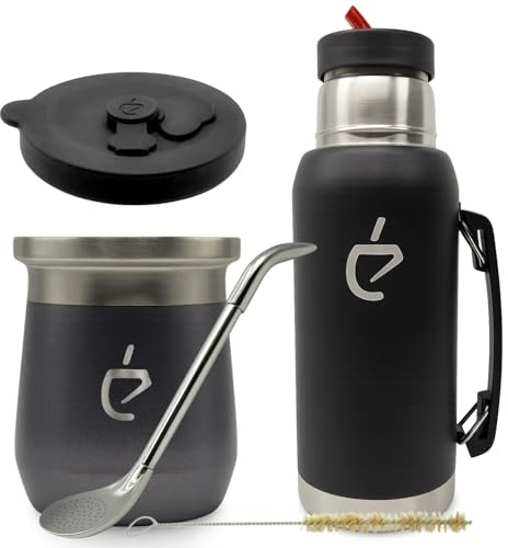 Coffret Yerba Maté Un Mate MateGo Kit Complet Thermolid DualFlow PRO Ash Gray – bouteille isotherme 1000 ml, Tasse Isotherme 230 ml, Bombilla, Brosse, Coffret Cadeau Premium (Gris)