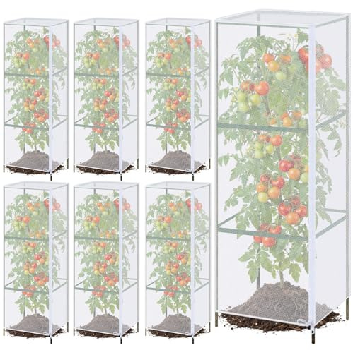 Maasechs 6 Pcs Garden Bird Netting Plant Cover for Square Tomato Cage 59 x 17.7'' Insect Bird Barrier Tomato Cage Net with Zipper & Drawstring, Plant Trellis Netting Protection Cover