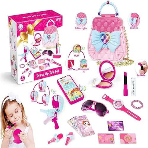 VASTCART Girl’s My First Purse Set – 17PCS Pretend Play Princess Handbag with Lights & Sounds | Kids Makeup Accessories, Toy Smartphone, Sunglasses, Credit Card, Keys & Lipstick for Girls Ages 3+