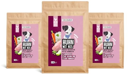 Hundefutter Huhn & Reis Hundefutter Trocken – Trockenfutter für Hunde 3x4Kg | Tierärztlich entwickeltes Hundetrockenfutter Monoprotein & gut verträglich – Hypoallergenes Trockenfutter von TIERLIEBHABER