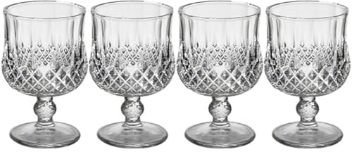 GLSTOY 4Pcs Diamond Cut Crystal Brandy Glasses Set, Frosted Red Wine Goblets with Stem, Cocktail Drinkware for Parties and Dining