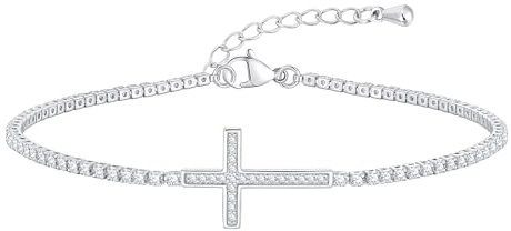 Kreuz Armband Damen Gold Tennisarmband - 14K Vergoldet Armbänder mit Zirkonia für Frauen Mädchen, Verstellbar Armkette Weißgold Plattiert Armband Silber Damen für Ostern Taufe Hochzeit (B Silber)