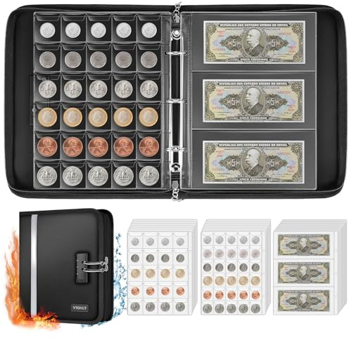 Ytonet Album Monedas y Billetes Bolsillos con Cerradura, 320 Bolsillos Monedas y 36 Fundas para Billetes, Album Billetes Ignífugo impermeable Organizador de Monedas Coleccion con Coleccionar, Negro