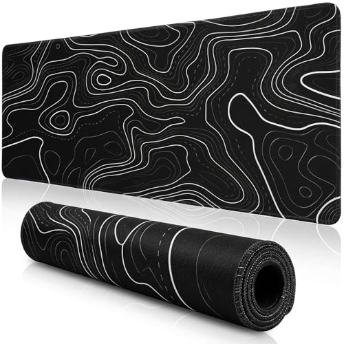 Incisite 1 Pack Gaming Mouse Pad, Large Mousepad, 80 X 30 X 0.3 Cm | Black And White Topographic Mouse Pad, Extended Keyboard Mat, Stitched Edges, Anti-Slip Base Desk Mat for Home Office