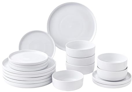 simpa 18PC White Vertical Edge Porcelain Dinner Set, 6 Dinner Plates, 6 Side Plates & 6 Bowls, Dishwasher & Microwave Safe