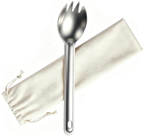 Titanium Spork, 6.18 Inch Long Handle, Silver | 11g Ultralight, 100% Titanium, Includes Storage Bag, Reusable Outdoor Cutlery