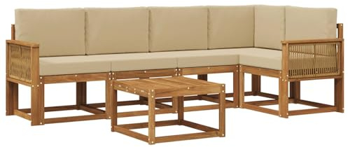 HETFTJN Juego de 6 muebles de jardín de madera maciza de acacia, muebles de exterior con tapicería, conjunto modular de salón para terraza y balcón, acacia natural y beige