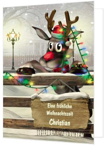 große maxi Weihnachtskarte lustig witzig mit Wunschtext und Umschlag | Größe DIN A4 (offen A3), XXL DIY, Rudolf mit der roten Nase, Advent, Nikolaus