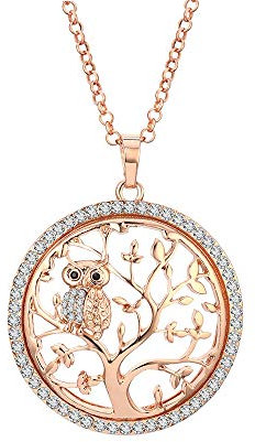 Collier Mode Arbre de Vie avec Pendentif Hibou - Filles, Cristal CZ, Chaîne Longue, Brillant Strass (Or Rose)