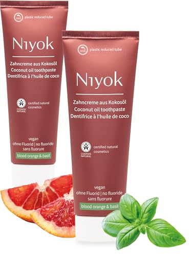 Niyok Zahncreme Blutorange & Basilikum 2 x 75 ml | Fluoridfreie Zahnpasta mit Bio-Kokosöl, Xylit und Kreide in drei natürlichen Geschmacksrichtungen für ein frisches Mundgefühl