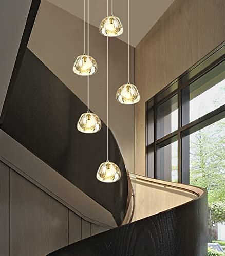 H.W.S LED Pendelleuchte Glas Kristall Hängeleuchte Lüster Dekoratives Kronleuchter Modern Pendellampe für Villa Treppe Wohzimmer Esszimmer Schlafzimmer Innenleuchte(Runde, 5-flammig)