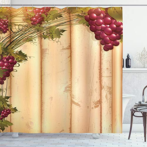 ABAKUHAUS Fence Shower Curtain, Grapevine Branches on Wooden Planks Flowering Plants Pruning Merlot, Cloth Fabric Bathroom Decor Set with Hooks, 70 Inches, Sand Brown Ruby