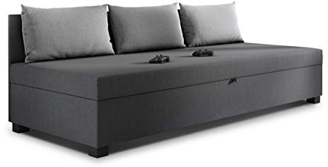 Schlafsofa Misti III - Einzelbett mit Kissen, Sofa mit Bettkasten, Bettsofa, Farbauswahl, Bettgestell, Komfortbett, Bett für Jugendzimmer, Schlafmöbel (Graphit + Grau (Lux 06 + Lux 05))