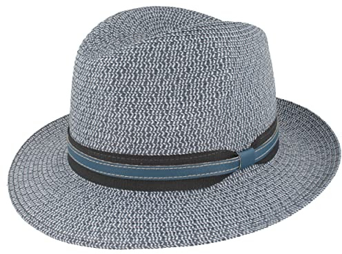 Breiter Strohhut Bogarthut Sommerhut Sonnenhut aus 100% Papier knautschbar mit Garnitur Besonders Leicht, Flexibel, Hautfreundlich Bequem Blau Mel. Kunstlederband, M