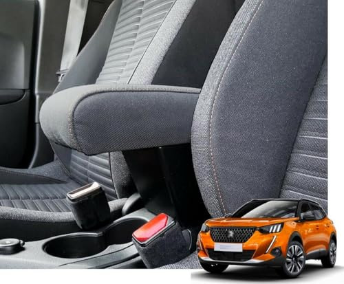 WOOD COMPANY Reposabrazos compatible con PEUGET 2008 II (2020>) de tela automotriz gris oscuro y costuras naranjas. Montaje de puntos originales, gran portaobjetos