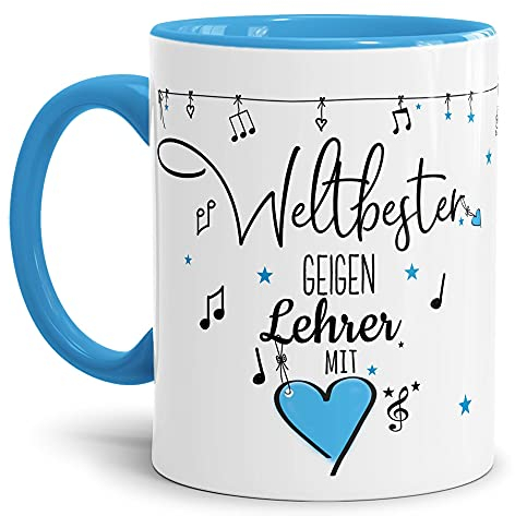 Berufe Tasse - Weltbester Geigen Lehrer - Geschenk für den weltbesten Musiklehrer, Musikunterricht, Lehrer - Keramik Innen & Henkel Hellblau, 300 ml I Geige