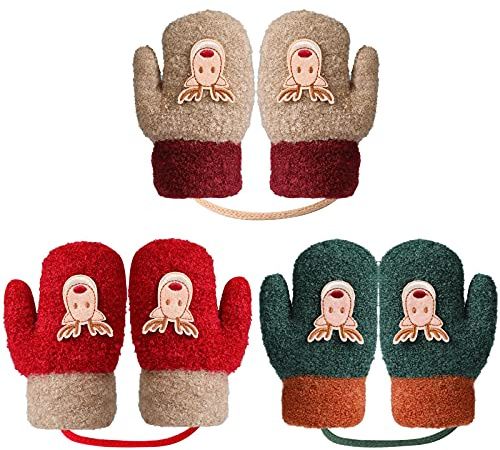 TAGVO Baby Fäustling Handschuhe, 3 Paare Jungen Mädchen Baby Fäustlinge Dicke Doppelt Strickhandschuh für Weihnachten, Skifahren