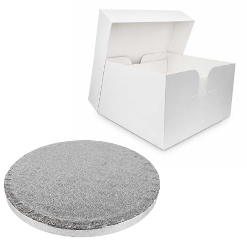 LARRYROO Single White Cake Box and Silver Round Board Pack - Thick Drum for Wedding, Party etc (9 Inches)