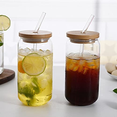 URMAGIC Glass Cups, 470 ml Beer Can Shaped with Straws, Iced Coffee & Boba Tumblers, Clear Glass Set with Lids