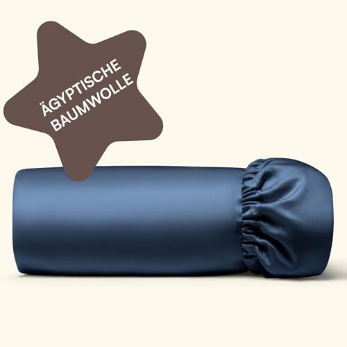 Amqua Mako-Satin Spannbettlaken 90 x 200 cm - 100% ägyptische Baumwolle (zertifiziert) - für Boxspringbetten und Wasserbetten oder Matratzen bis 30 cm Höhe, Dunkelblau/Marineblau