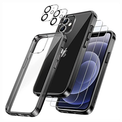 JETech 5-in-1 Hülle für iPhone 12 mini, Anti-Vergilbung, Schwarz | 2 Gehärtete Glas Schutzfolien, 2 Kameraschutz Folien, Stoßfest Handyhülle