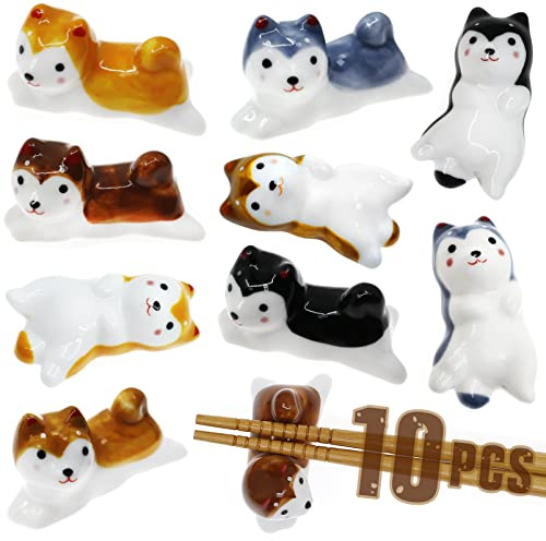 Lot de 10 repose-baguettes pour chien, repose-pinceaux chinois, en porcelaine de style japonais, mignon et drôle en céramique pour dîner, vaisselle pour la maison, cadeau de cuisine (chien mignon)